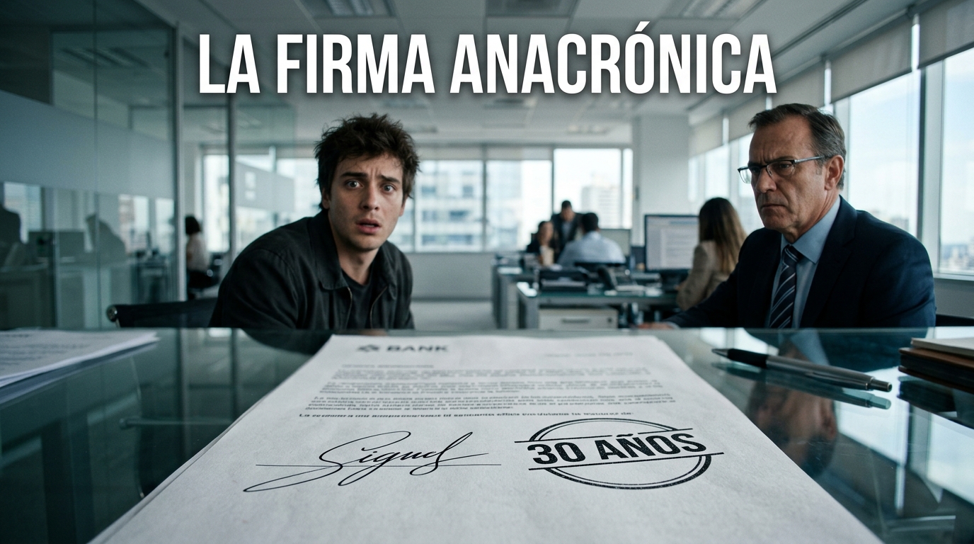 Fue al banco a realizar un trámite común y descubrió una firma con su nombre hecha antes de que él naciera.